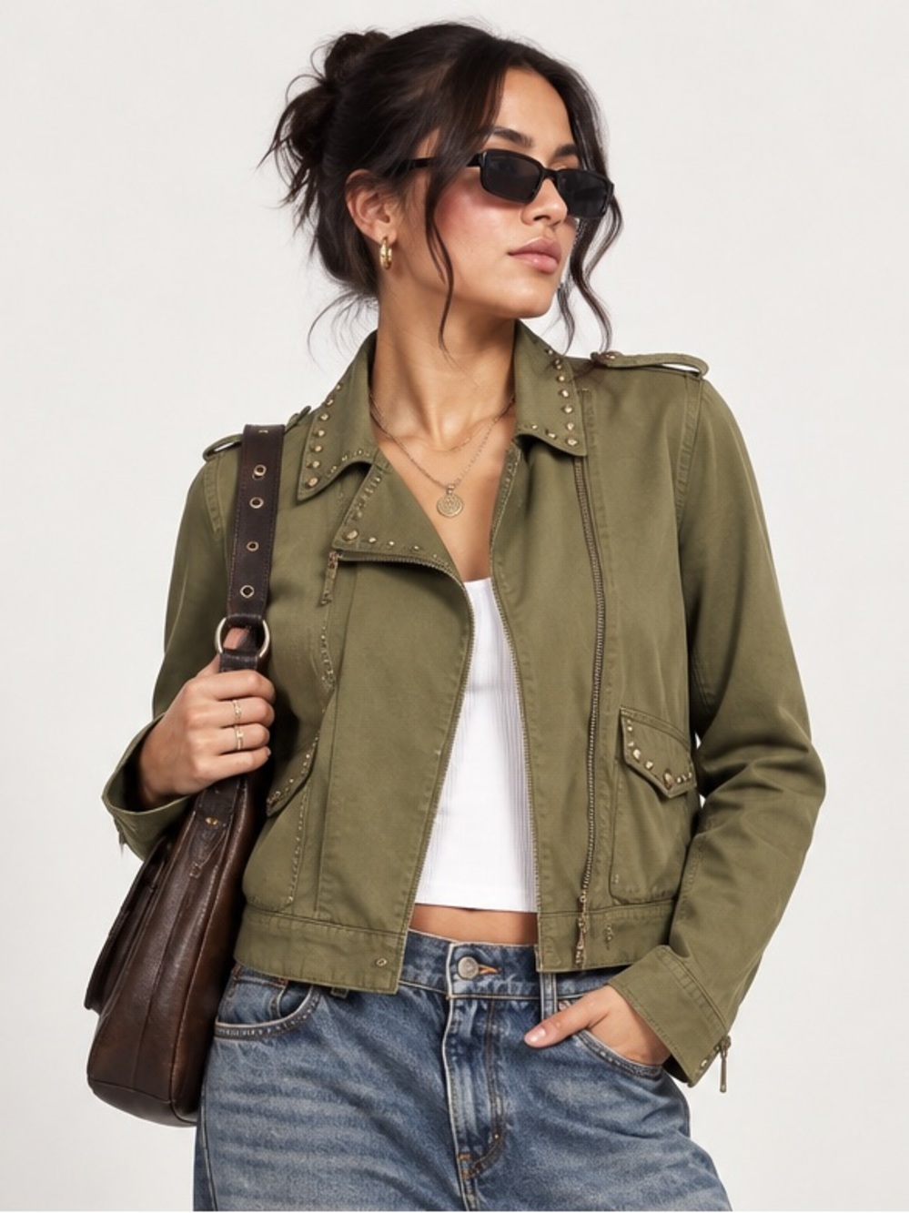 Vigoss Olive Green Studded Moto Military Jacket M
